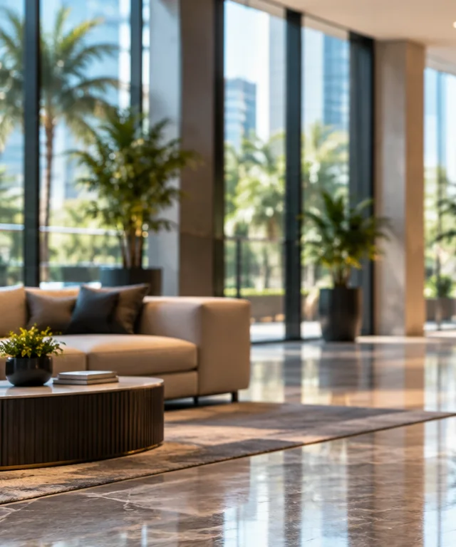 Sunlit Southwest Florida office lobby with palm trees