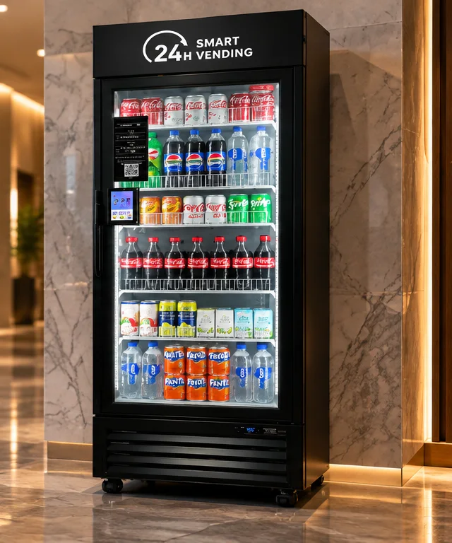 Smart vending cooler stocked with drinks and snacks