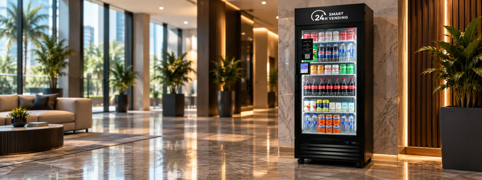 Smart vending cooler stocked with drinks in a modern office lobby